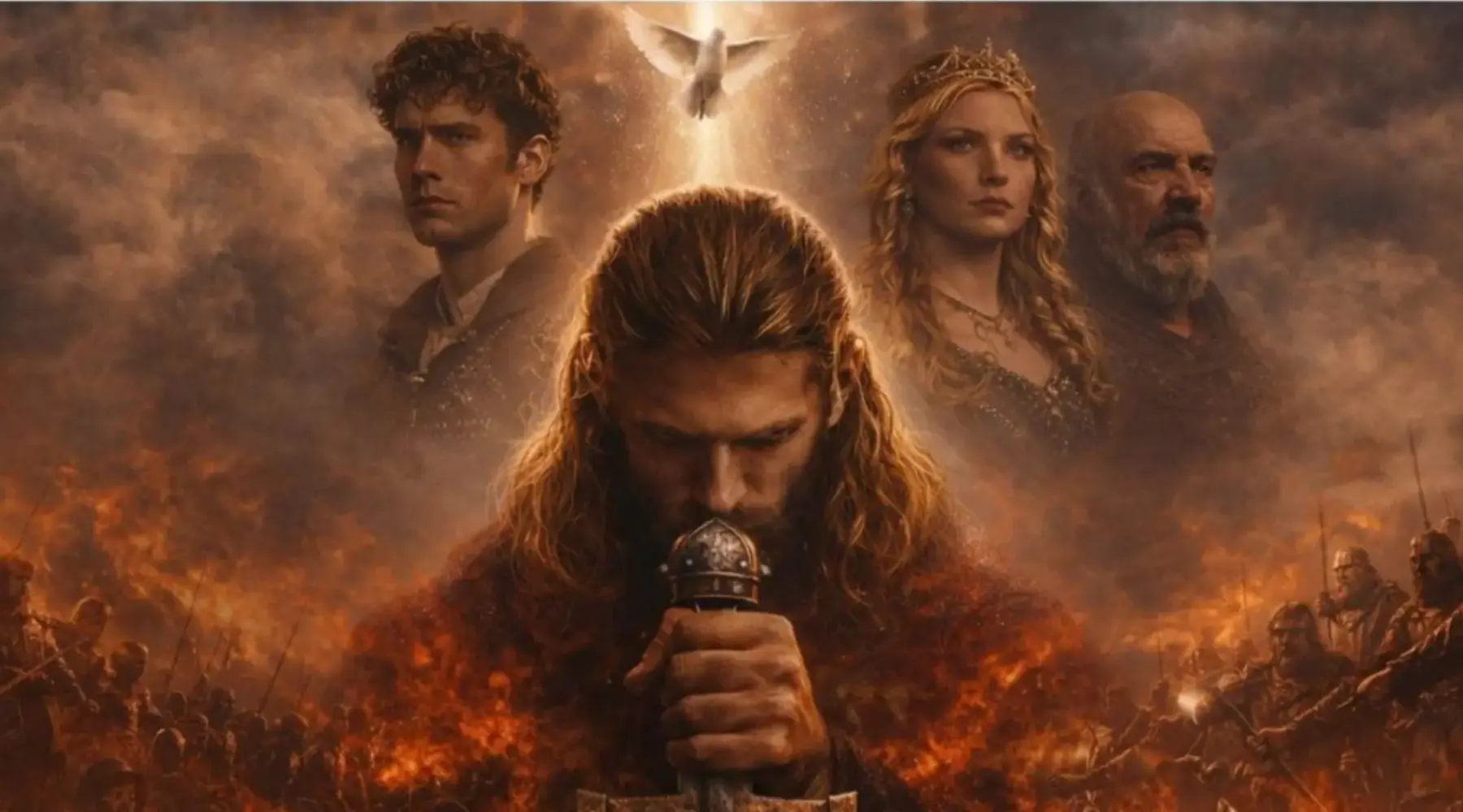 Clovis kneeling amid a battlefield under a burning sky